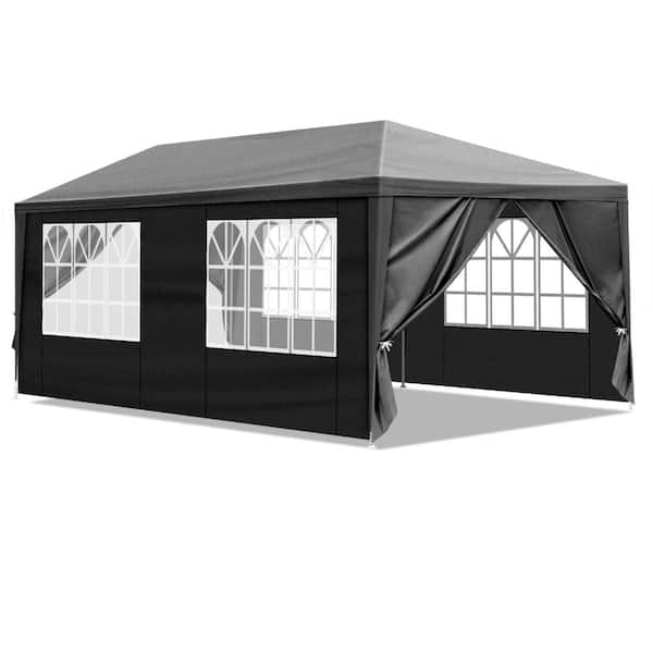 10 ft. x 20 ft. Black Canopy Tent, Pop Up Canopy Tent with 6 Removable Sidewalls and 2 Doors & 4 Windows, PE Fabric