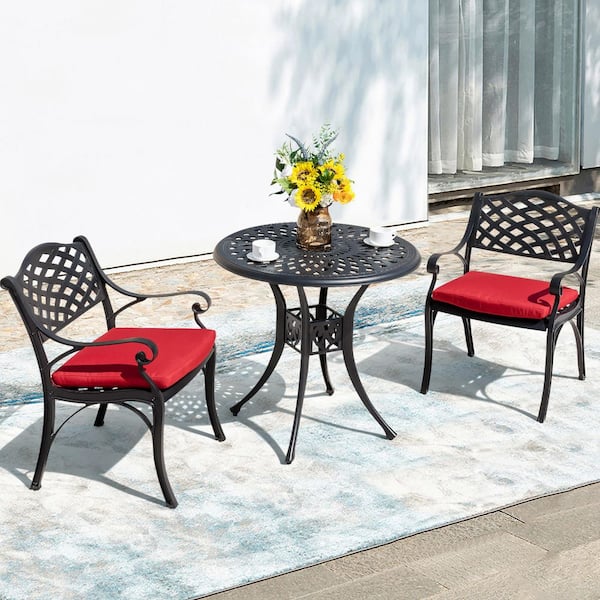 Nuu Garden 3-Piece Black Cast Aluminum Patio Round Outdoor Bistro Set with Red Cushions