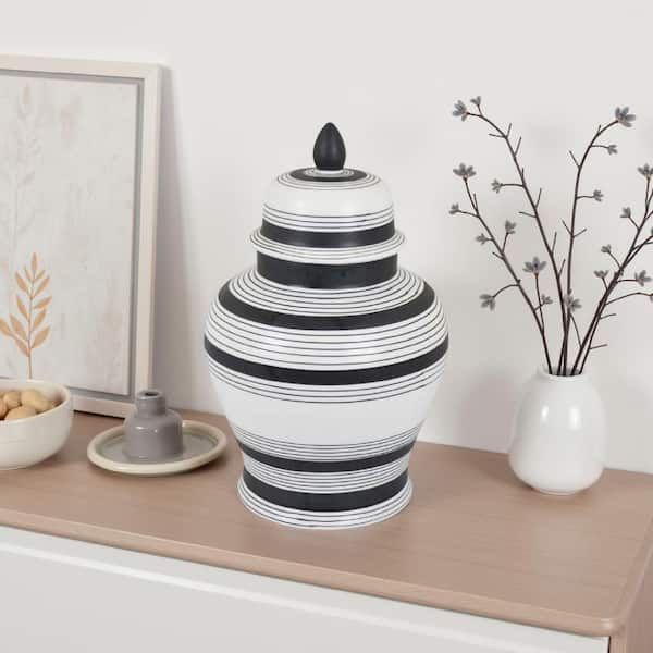 White and Blue Round Ceramic 10 in. Decorative Jar with Lid