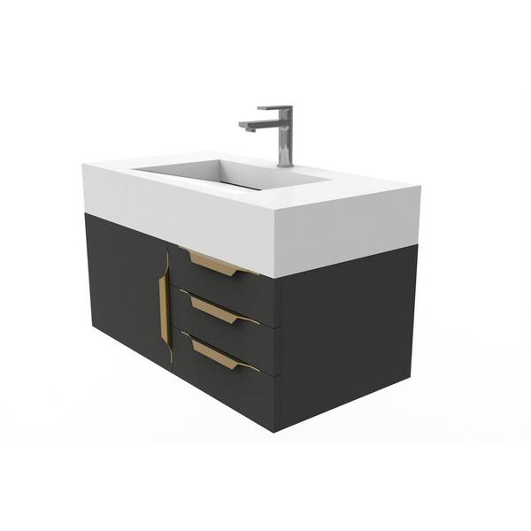 castellousa Nile 36 in. W x 19 in. D x 20 in. H Bath Vanity in Matte Black with Gold Trim and White Solid Surface Top