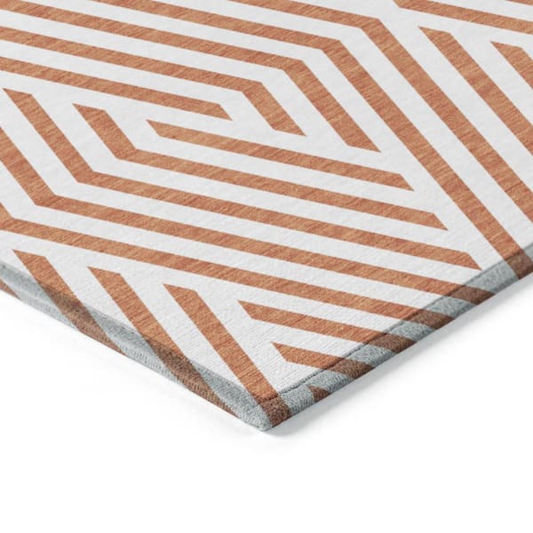 Orange and White 8 ft. Round Woven Geometric Round Indoor/Outdoor Area Rug
