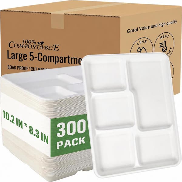 10.3 in. White Disposable Paper Plate Natural Color Family Compostable 5 Compartment Plate (300 Per Case)