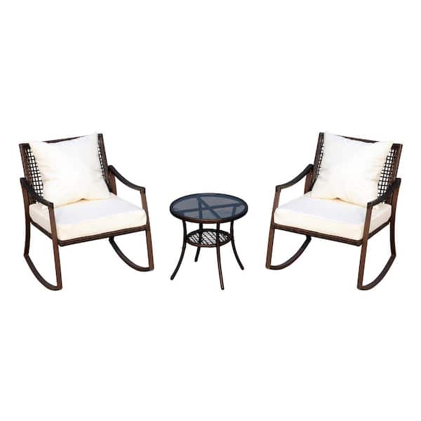 Outsunny 3-Piece Steel Plastic Rattan Patio Conversation Set with White Cushions, 2 Rocking Chairs and 1 Table