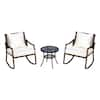 Outsunny 3-Piece Steel Plastic Rattan Patio Conversation Set with White Cushions, 2 Rocking Chairs and 1 Table 863-030