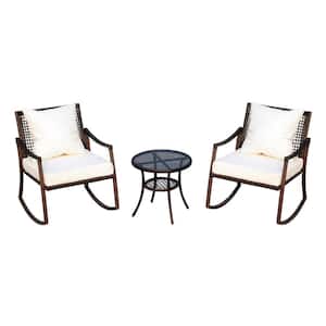 3-Piece Steel Plastic Rattan Patio Conversation Set with White Cushions, 2 Rocking Chairs and 1 Table