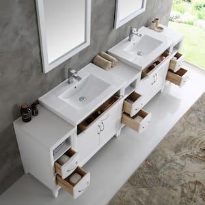Cambridge 96 in. Vanity in White with Porcelain Vanity Top in White with White Ceramic Basins and Mirror