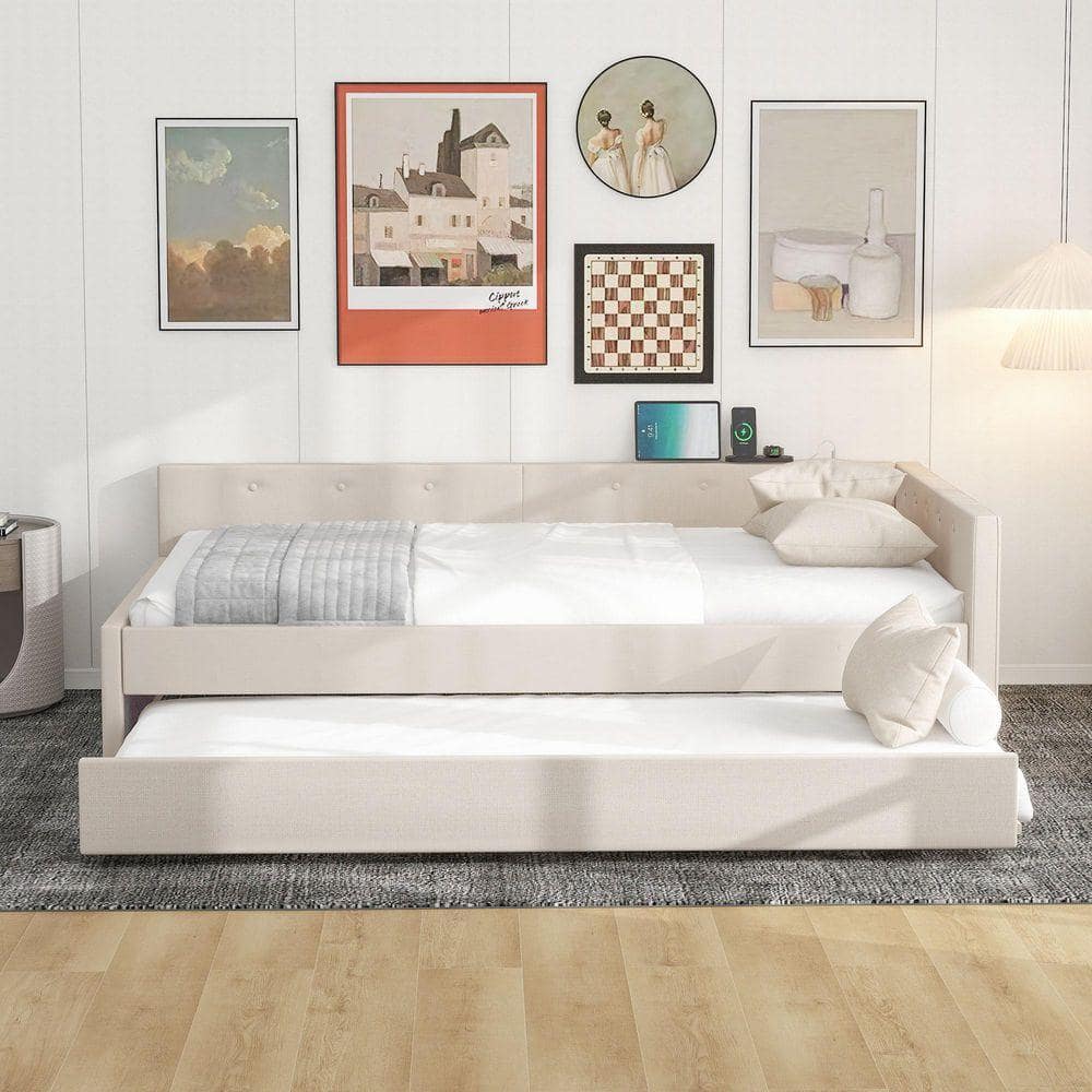 Beige Wood Frame Full Platform Bed with USB Ports and Twin Trundle