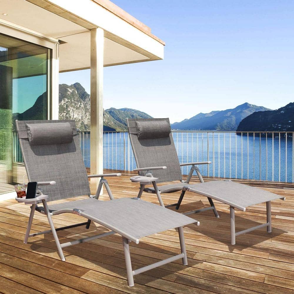 Gray Folding Aluminum Adjustable Outdoor Lounge Chair with Pillow (Set of 2