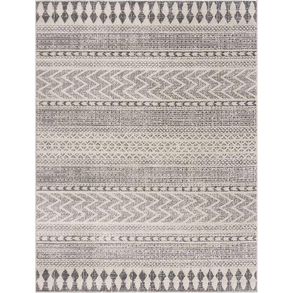 Tigris Collection 7 ft. X 9 ft. Ivory, Gray, Off White Geometric Moroccan Trellis Southwestern Bohemian Style Area Rug