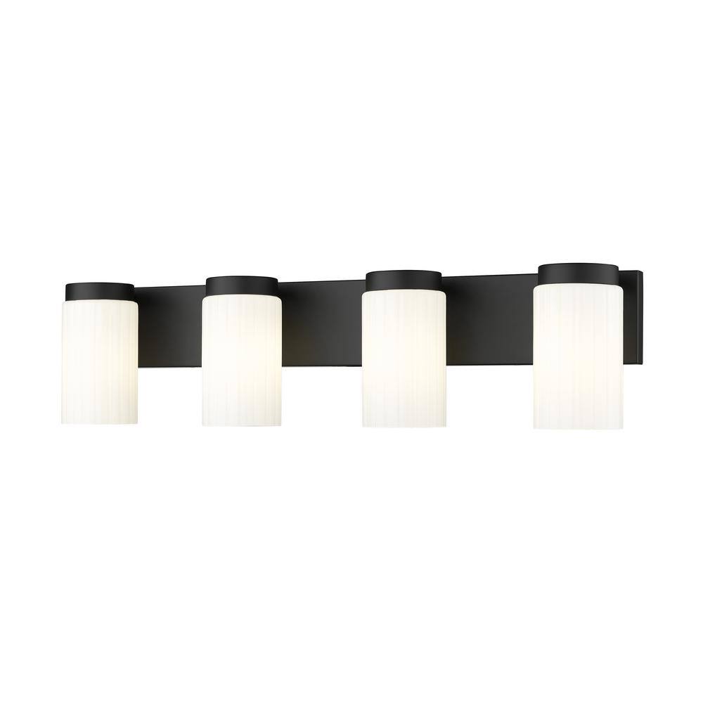 Burk 30 in. 4-Light Matte Black Vanity-Light with Matte Opal Glass Shade
