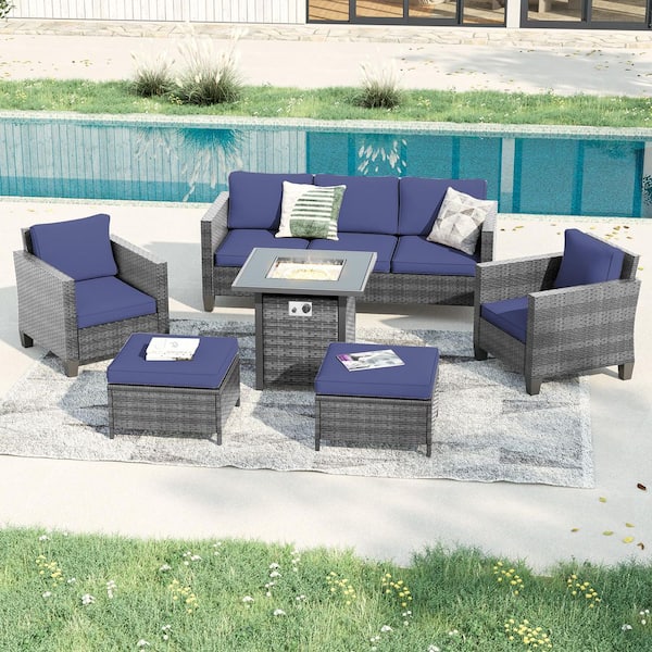 6-Pieces Patio Conversation Set with Square Fire Pit Table, Gray Wicker Wide Armrests Sofa with Navy Blue Cushion