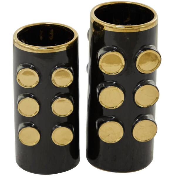 CosmoLiving by Cosmopolitan Black Ceramic Decorative Vase with Gold Circle Accents (Set of 2)