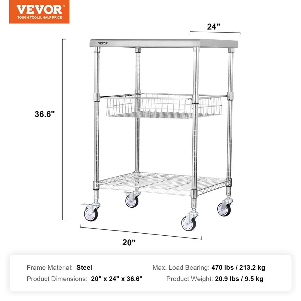 Silver 3-Tier Steel Utility Cart with Adjustable Shelves and Wheels