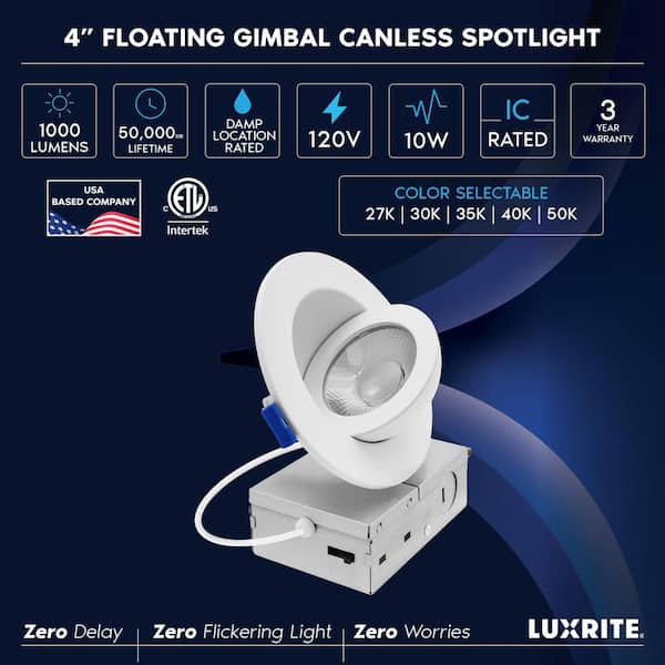 4-pack 4 in. Floating Gimbal LED Recessed Light, Adjustable 360° Rotation and 90° Tilt, 5CCT, 10W, 1000LM, Dimmable