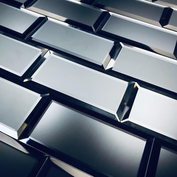 Reflections Beveled Subway 3 in. x 6 in. Frosted Blue Glass Mirror Tile Sample
