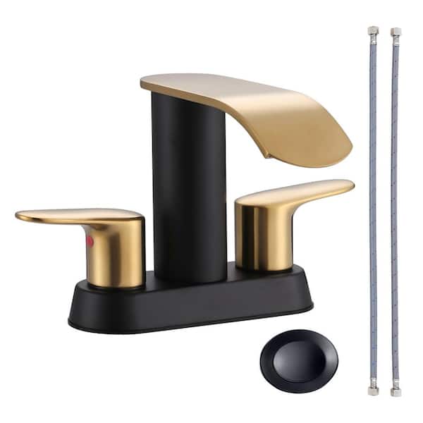 4 in. Centerset Double Handle Waterfall Bathroom Faucet with Drain Kit Included in Black and Gold