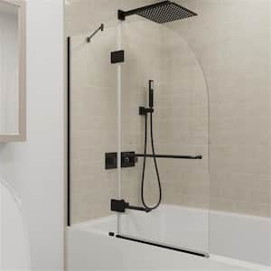 VENUS 48 in. W x 58 in. H Pivot Frameless Tub Door in Black Hinges with Clear Glass (Include Fixed Panel)