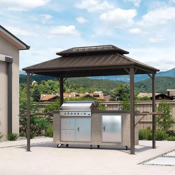 6.5 ft. x 10 ft. Hardtop Grill Gazebo for Patio Aluminum Barbecue Shelter Gazebo w/Hooks and Shelves Double Tiered Brown