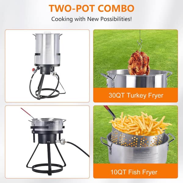 VEVOR Turkey Deep Fryer 30-qt Turkey & 10-qt Fish Steamer Cooker Set Outdoor Aluminum Seafood Frying Pot 54,000 BTU Burner Propane GAS Boiler