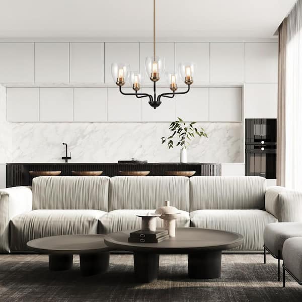 24.5 in. 5-Light Modern Black and Brass Pendant Light, Rustic Dining Room Chandelier, Seeded Glass Round Chandelier