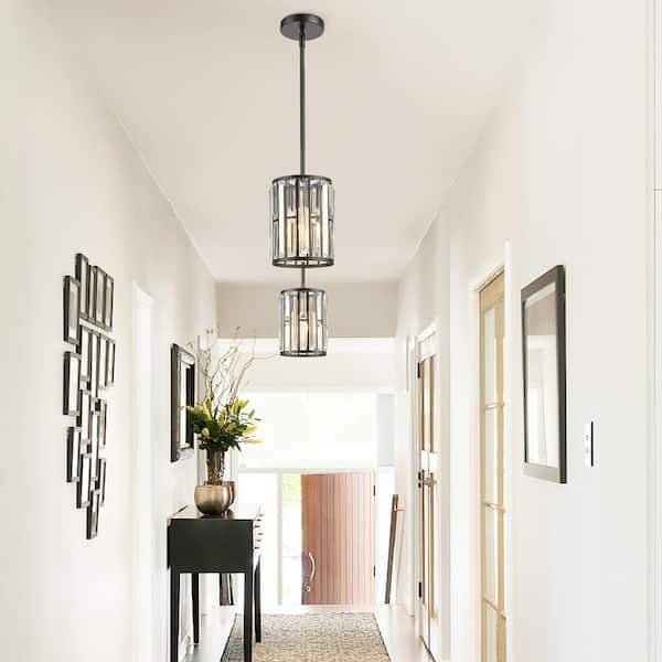 1-Light Black Pendant Light with Crystal Shades
