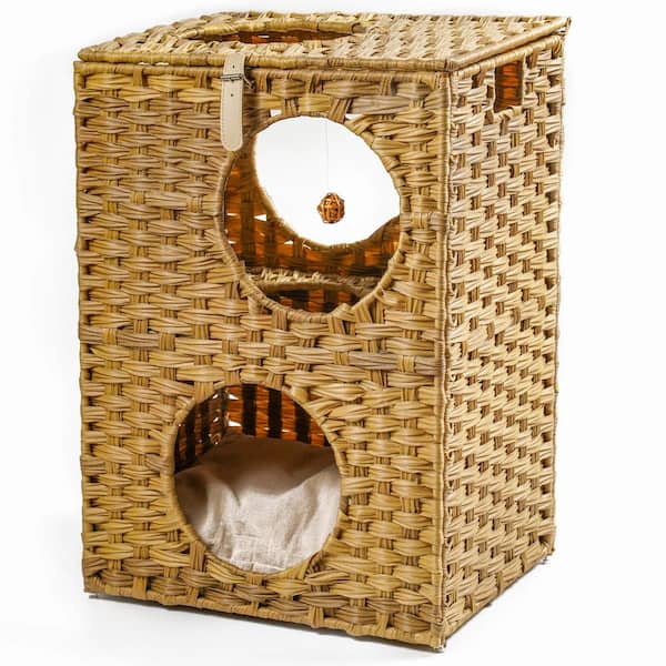 cenadinz Any Size Brown Rattan Cat Litter Cat Bed with Rattan Ball and Cushion
