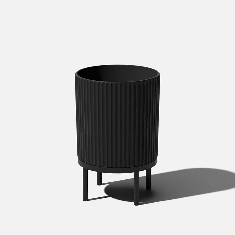 Black Fluted Concrete-Composite Planter with Acacia Wood Stand