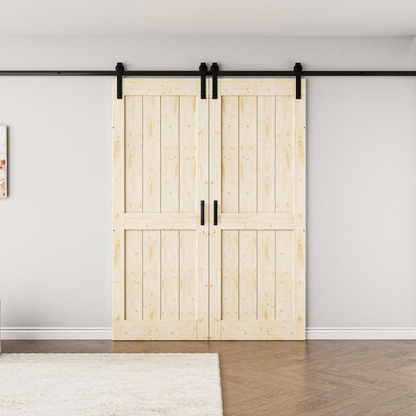 60 in. x 84 in. Paneled H Shape Solid Core Pine Unfinished Wood Sliding Barn Door Slab with Hardware Kit and Soft Close