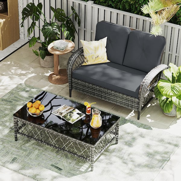PATIOGUARDER 2-Person Gray Wicker Patio Conversation Seating Set with Dark Gray Cushions and Coffee Table