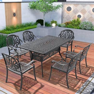 Black Frame 7-Piece Cast Aluminum Outdoor Dining Set with Umbrella Hole and Random Color Cushion
