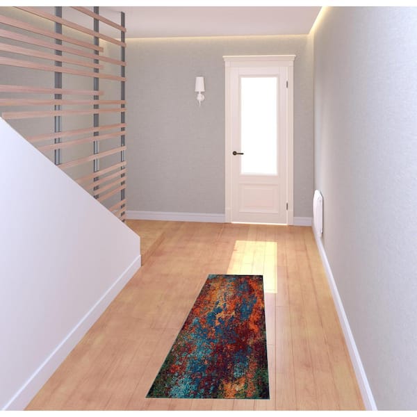 Blue/Orange 2 ft. x 6 ft. Atlantic Abstract Power Loom Non Skid Runner Rug