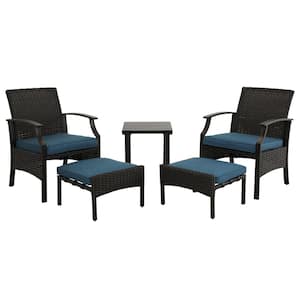 5-Piece Patio Dining Set Outdoor Wicker Furniture Set with Coffee Table, Ottoman, Blue Cushions