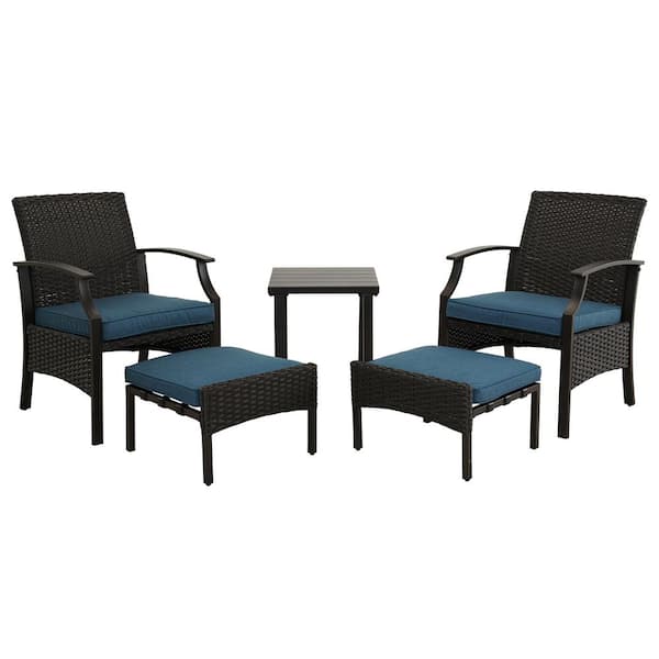 Clihome 5-Piece Patio Dining Set Outdoor Wicker Furniture Set with Coffee Table, Ottoman, Blue Cushions