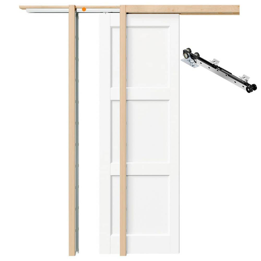56 in. x 80 in. 3-Panel White Primed Solid Core Wood MDF Sliding Pocket Door with Soft Close, Frame and Hardware Kit price history on PriceWatchPro