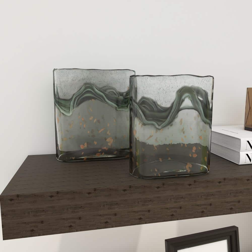 Elegant Gray Glass Vase Duo with Speckled Wave Design