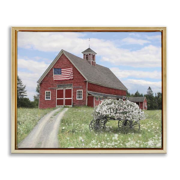 Stupell Industries Barn with Floral Wagon by Lori Deiter Gold Floater Frame Nature Graphic Art Print 17 in. x 21 in.