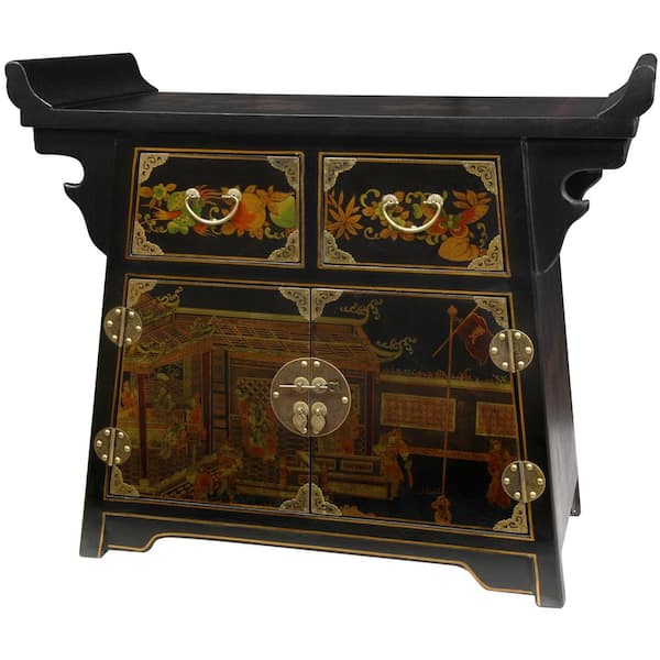 Oriental Furniture Oriental Furniture Black Lacquer Village Life Altar Cabinet