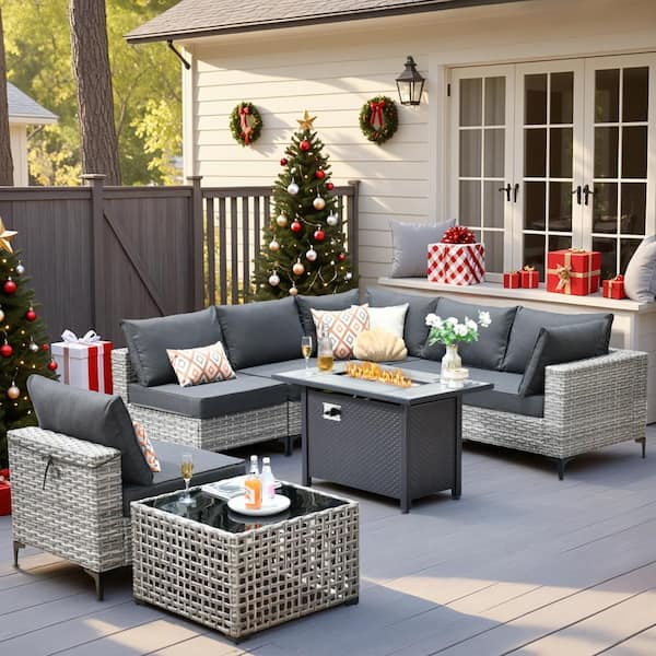 HOOOWOOO Howell 8-Piece Wicker Outdoor Patio Conversation Sofa Furniture Set with a Metal Fire Pit and Black Cushions