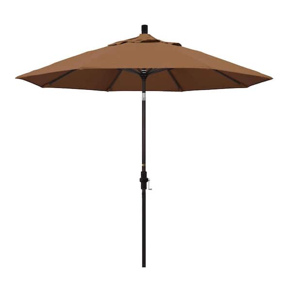 California Umbrella 9 ft. Bronze Aluminum Pole Market Aluminum Ribs Collar Tilt Crank Lift Patio Umbrella in Teak Sunbrella