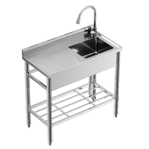Stainless Steel Utility Sink, Single Bowl with Storage Shelf, Pull-Out Hot, Cold Faucet for Kitchen, Laundry, Bathroom