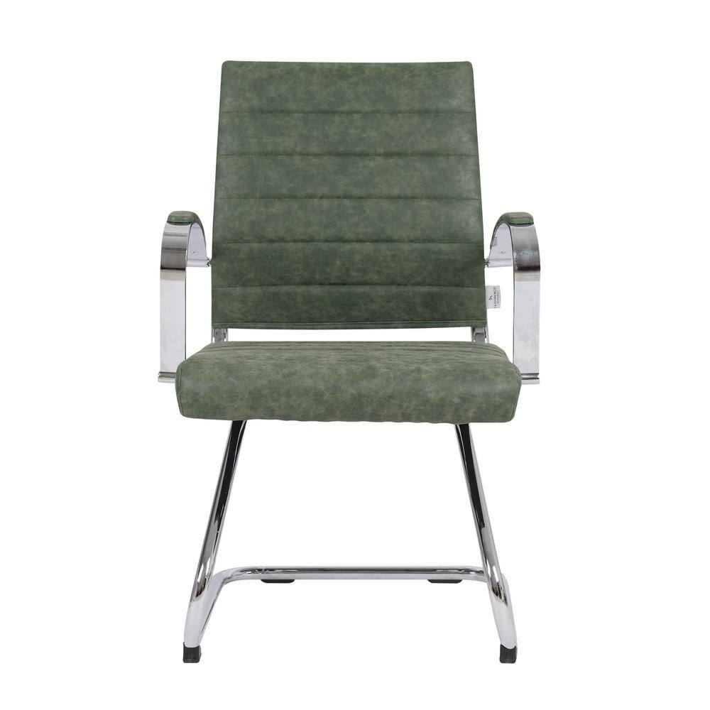 Green Leather Office Chair with Fixed Arms and Metal Frame