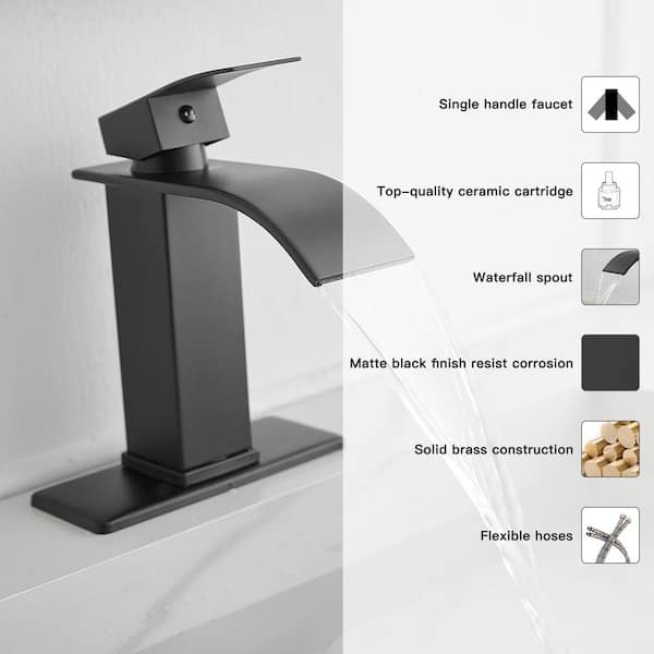 Waterfall Single Hole Single-Handle Low-Arc Bathroom Faucet With Pop-up Drain Assembly in Matte Black