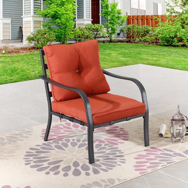 Patio Festival 1-Piece Metal Outdoor Patio Lounge Chair with Red Cushions
