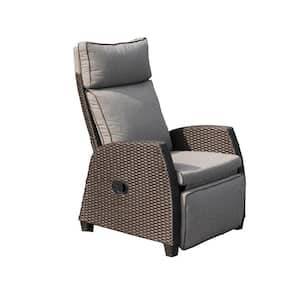 Mongue Black 1-Piece Wicker Rattan Outdoor Patio Lounge Recliner Chair Adjustable with Dark Gray Cushion for Balcony