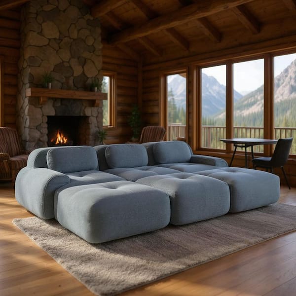 SMZO 117 in. Rolled Arm 5-Piece Corduroy Modular Sectional Sofa, No-Assembly, with Ottoman in. Dusty Blue