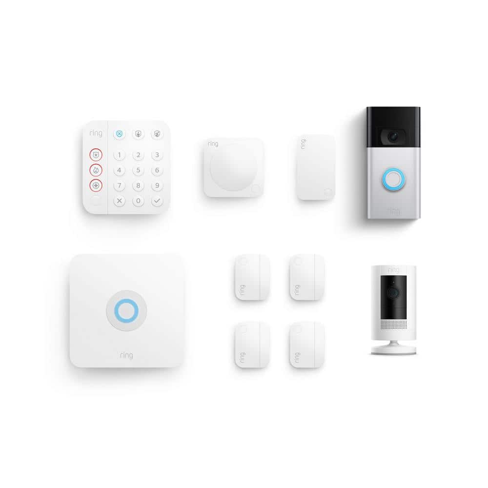 Ring Alarm Kit 2nd Gen (8-Pack) with Video Doorbell - Satin Nickel with Stick Up Cam Battery, White -  B0C59KW8N3