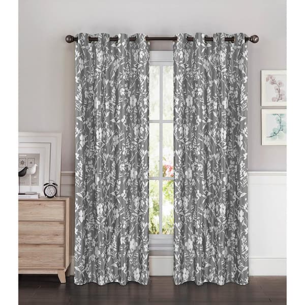 Window Elements Semi-Opaque Florabotanica Printed 54 in. W x 84 in. L Grommet Extra Wide Curtain Panel in Faux Silk Gray