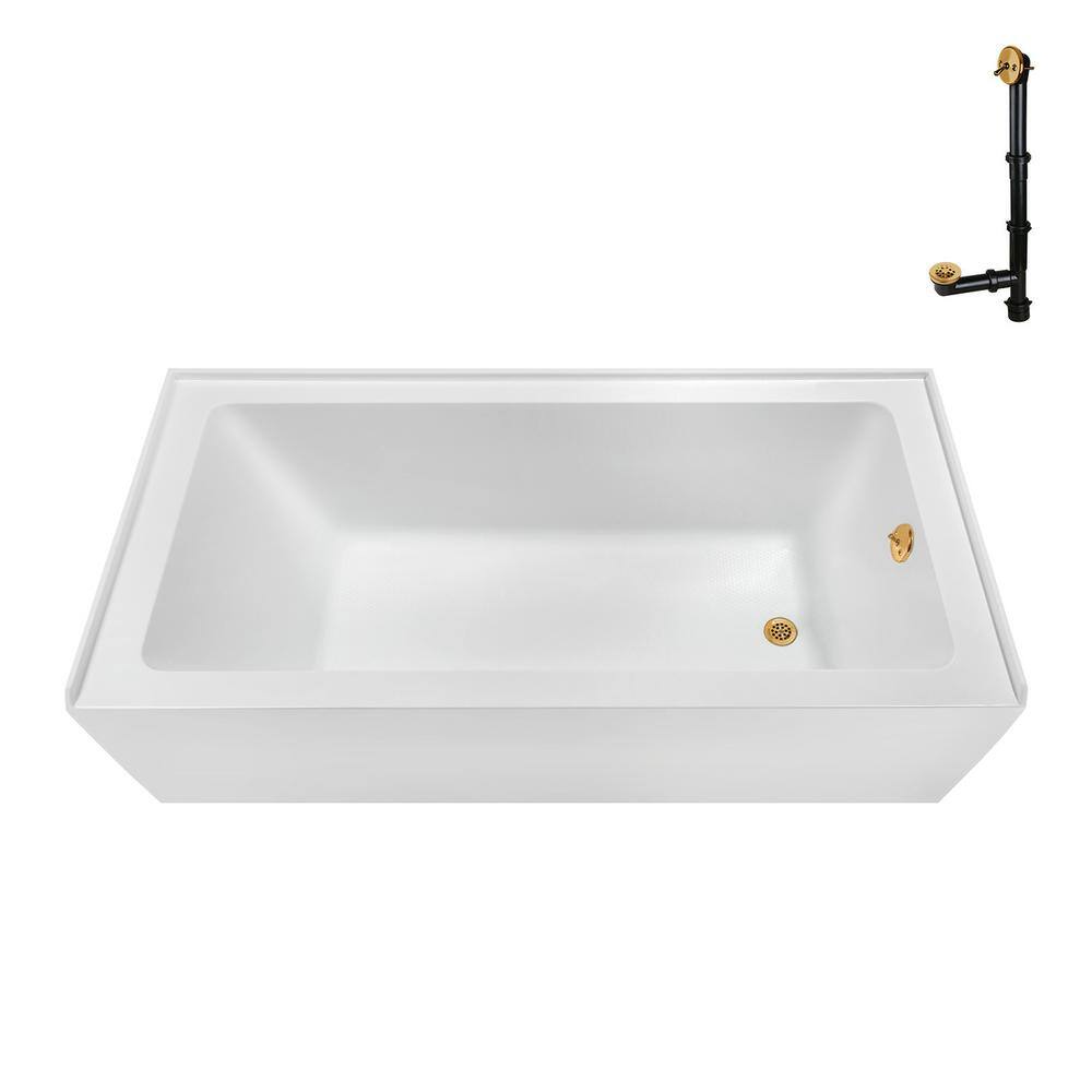 Glossy White Acrylic Alcove Bathtub with Brushed Gold Trim