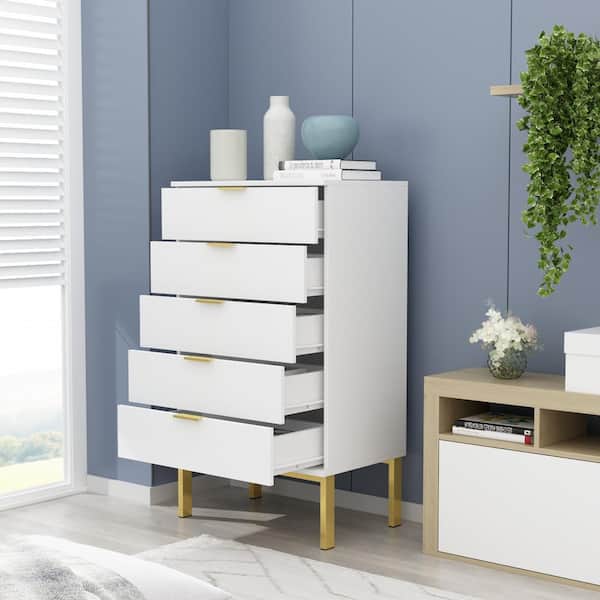 White Dressers for Bedroom, Lofka 5 Chest of Drawers with Cutout Handles,  Wood Storage Cabinet for Living Room