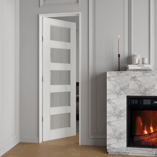 24 in. x 80 in. 5-Lite Frosted Glass Left White Solid Core Glass Single Prehung Interior Door with Quick Assemble Jamb